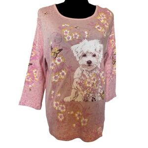 NWOT Endless Designs Pink With Florals Butterflies And White Dog Blouse Size Med